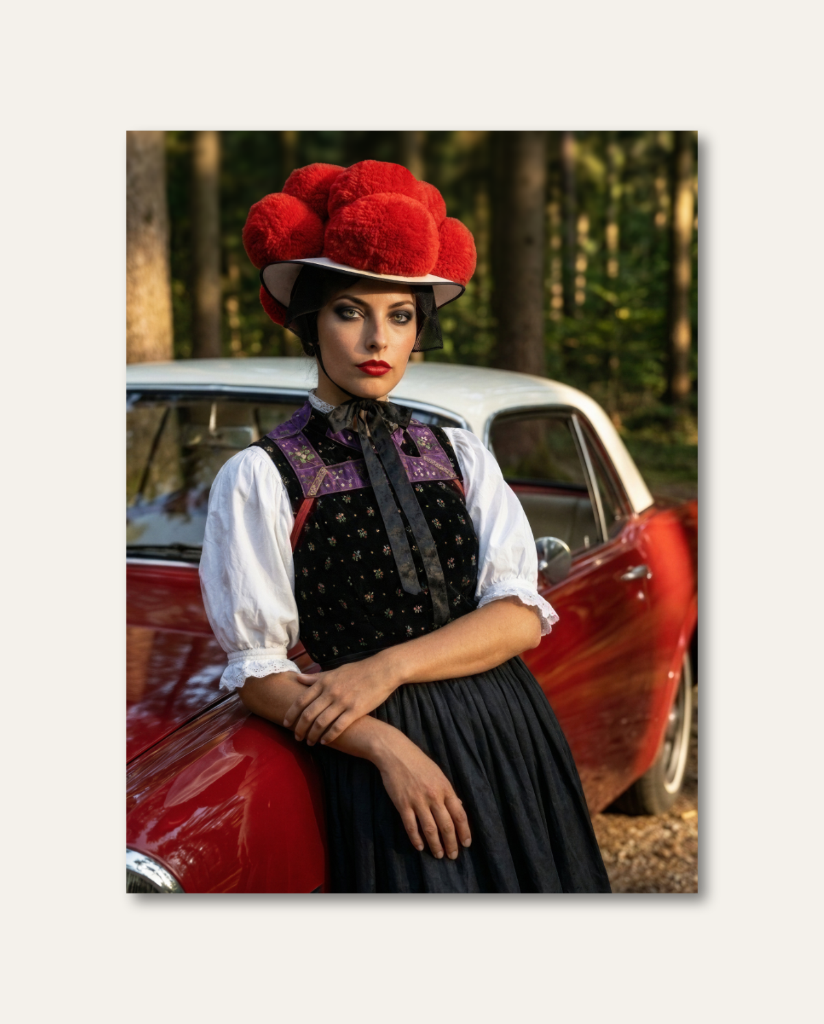 Ausdrucksstarkes Schwarzwald Wandbild mit eleganter Bollenhut-Tracht und Vintage-Auto im sonnendurchfluteten Nadelwald.