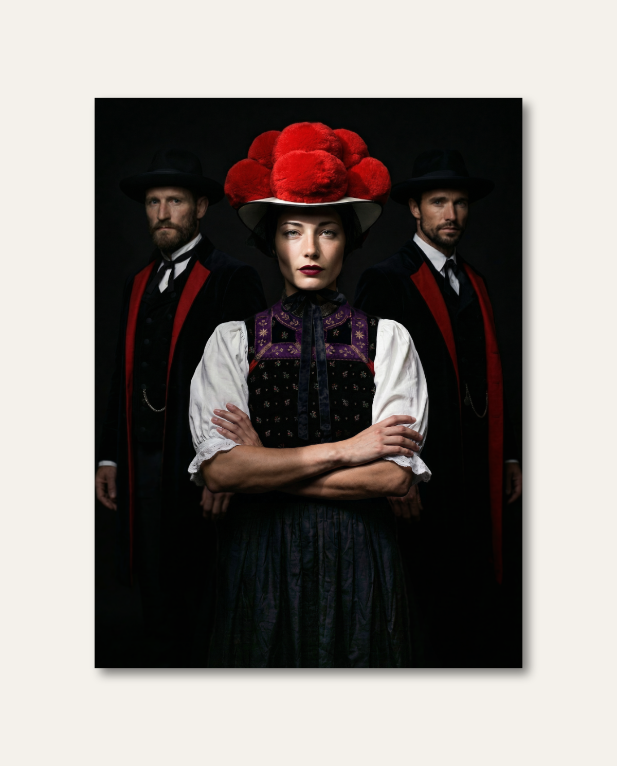Stilvolles Schwarzwald Wandbild mit mystischem Gruppenporträt aus Bollenhut-Tracht und eleganter Männer-Tracht vor dunklem Hintergrund.