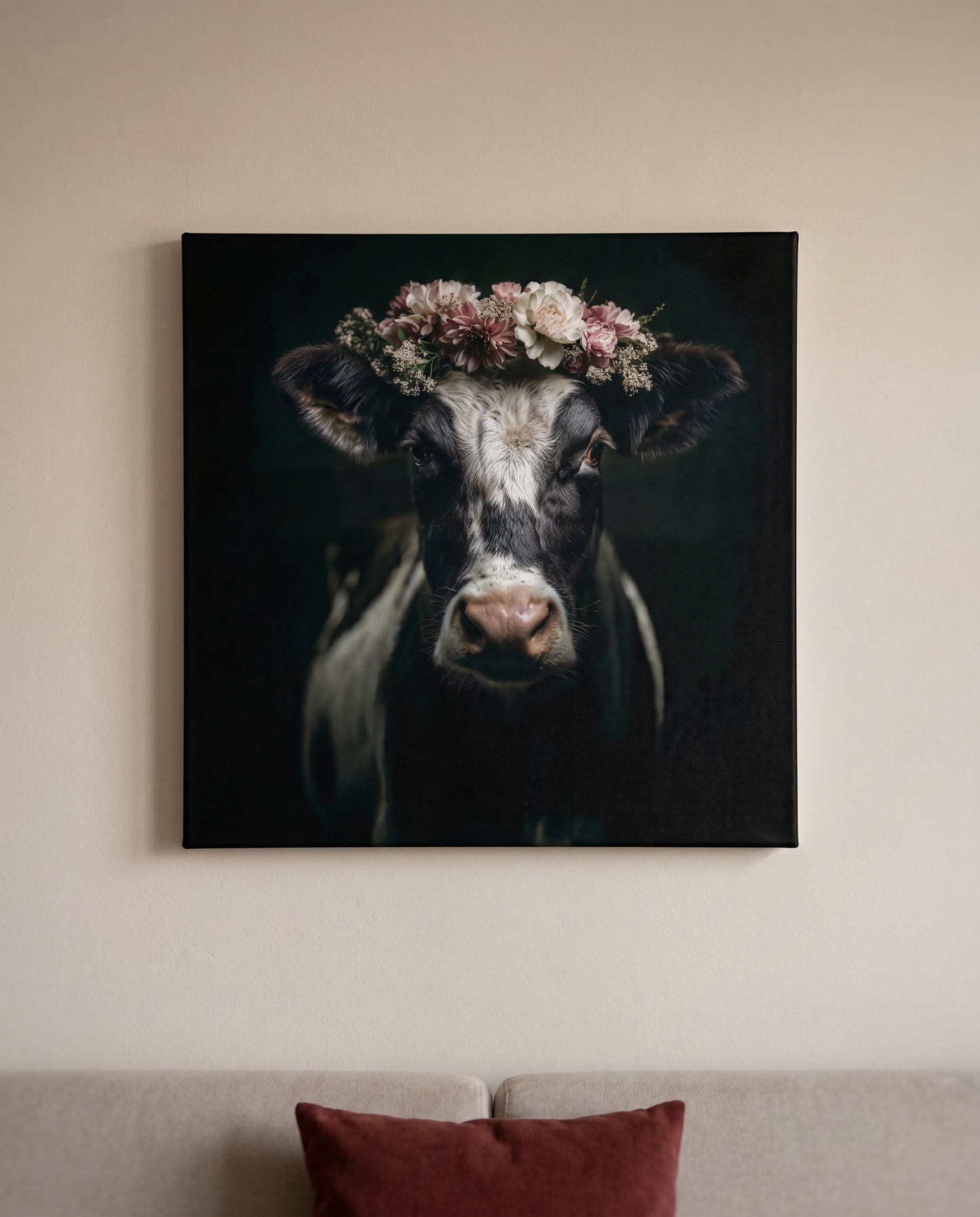 Schwarzwald Bild auf Leinwand mit einem ästhetischen Kuh-Porträt für moderne Wandgestaltung.