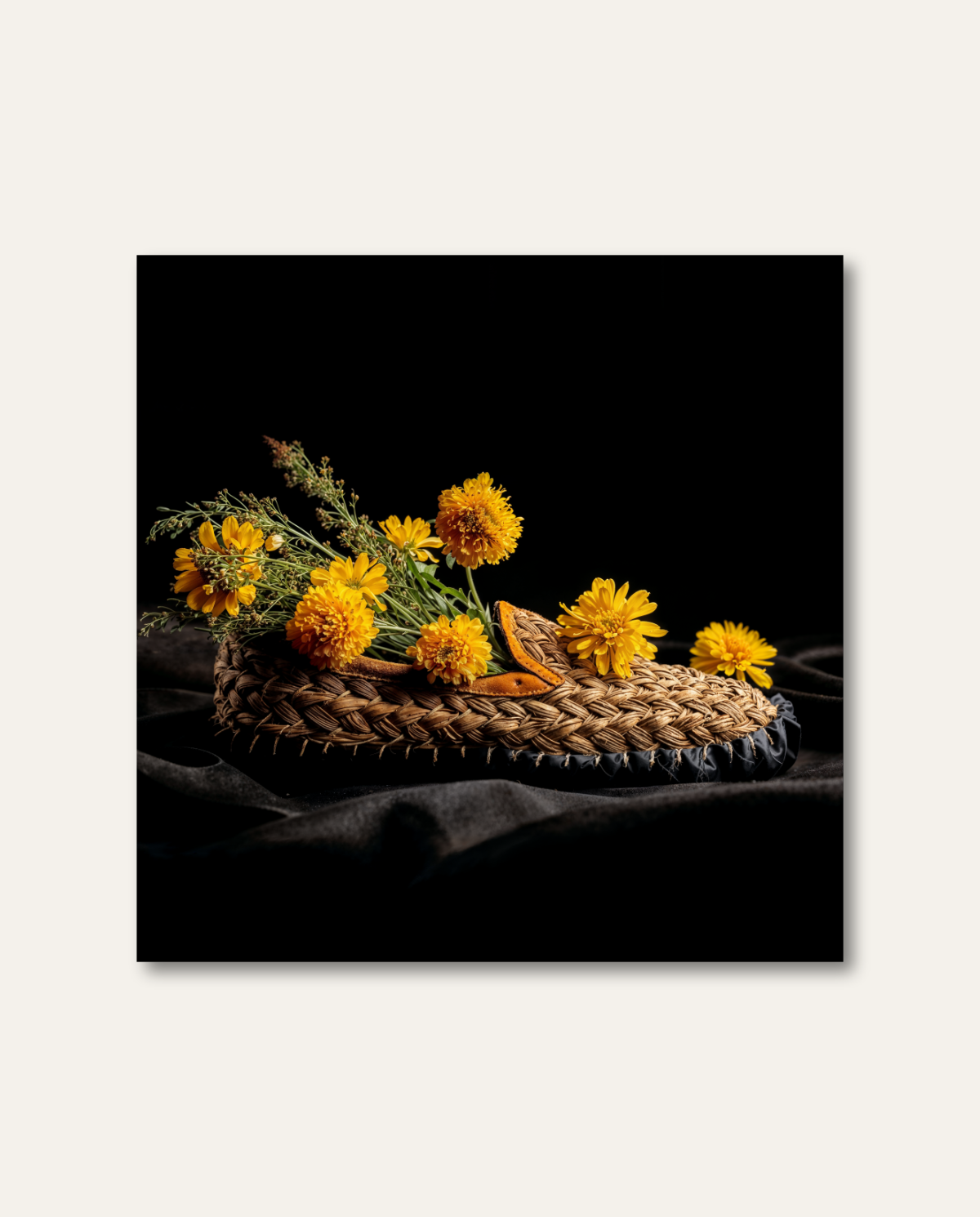 Geflochtener Strohschuh auf schwarzem Stoff, gefüllt mit leuchtend gelben Blumen vor schwarzem Hintergrund.