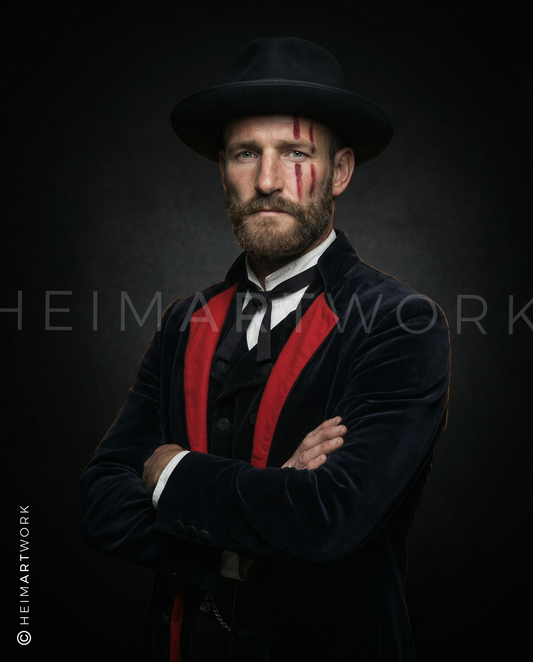 Das Motiv zeigt ein markantes Porträt eines Mannes in traditionell inspirierter Schwarzwälder Tracht mit dunklem Hut und Samtjacke mit roten Akzenten. Sein Gesicht ist von drei roten vertikalen Streifen gezeichnet, was dem Bild eine archaische und kämpferische Note verleiht. Die verschränkten Arme und der ernste Blick vor tiefschwarzem Hintergrund erzeugen eine kraftvolle, fast mystische Atmosphäre.