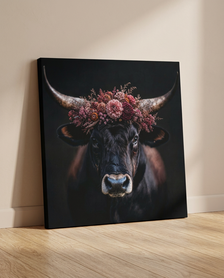 Dunkler Stier mit großer, bunter Trockenblumenkrone in Rosa und Violett vor schwarzem Hintergrund auf Leinwand.