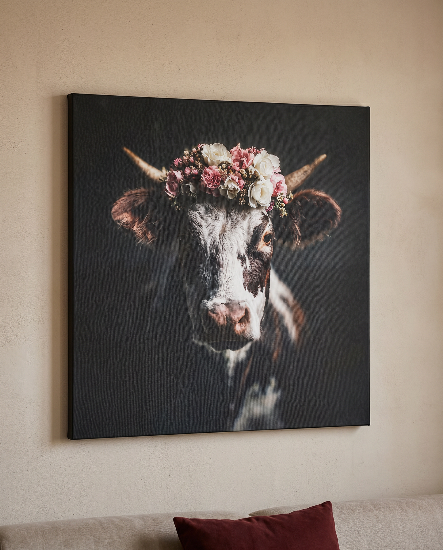 Einzigartige Schwarzwaldbilder wie dieses Porträt einer Kuh mit Blumenkrone setzen als Leinwanddruck ein künstlerisches Statement für moderne Heimatverbundenheit.