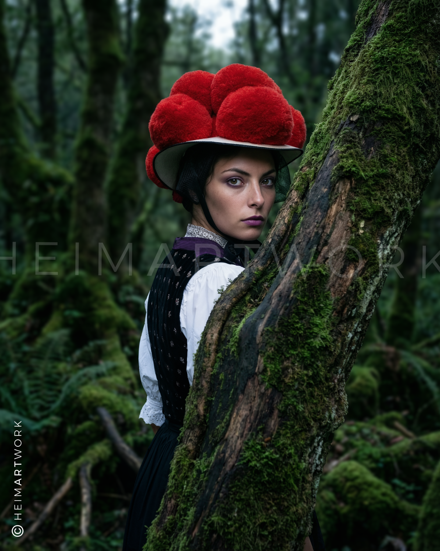Mystisches Porträt einer Frau in Schwarzwälder Tracht mit leuchtend rotem Bollenhut inmitten eines tiefgrünen, moosbewachsenen Waldes. Diese Schwarzwald Leinwand fängt die geheimnisvolle und natürliche Seite der Heimat perfekt ein.