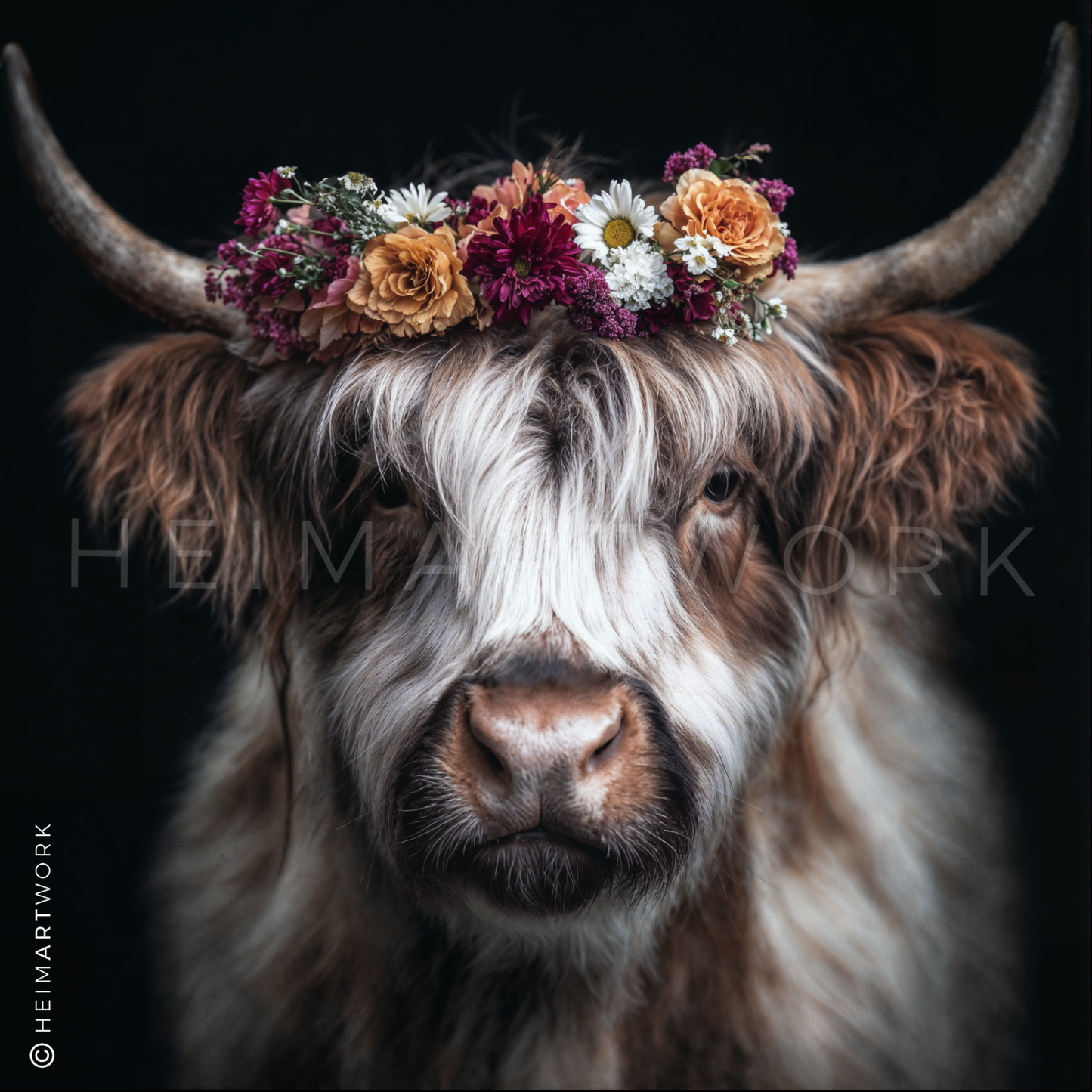 Das Motiv präsentiert ein Highland-Rind in einer Frontalaufnahme, das durch ein Spiel aus braunen, weißen und grauen Fellfarben sowie einen besonders üppigen, farbenfrohen Blumenkranz mit Rosen und Margeriten besticht. Die dunkle, schlichte Hintergrundgestaltung rückt das sanftmütige Tierporträt in den absoluten Fokus.
