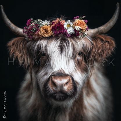 Das Motiv präsentiert ein Highland-Rind in einer Frontalaufnahme, das durch ein Spiel aus braunen, weißen und grauen Fellfarben sowie einen besonders üppigen, farbenfrohen Blumenkranz mit Rosen und Margeriten besticht. Die dunkle, schlichte Hintergrundgestaltung rückt das sanftmütige Tierporträt in den absoluten Fokus.