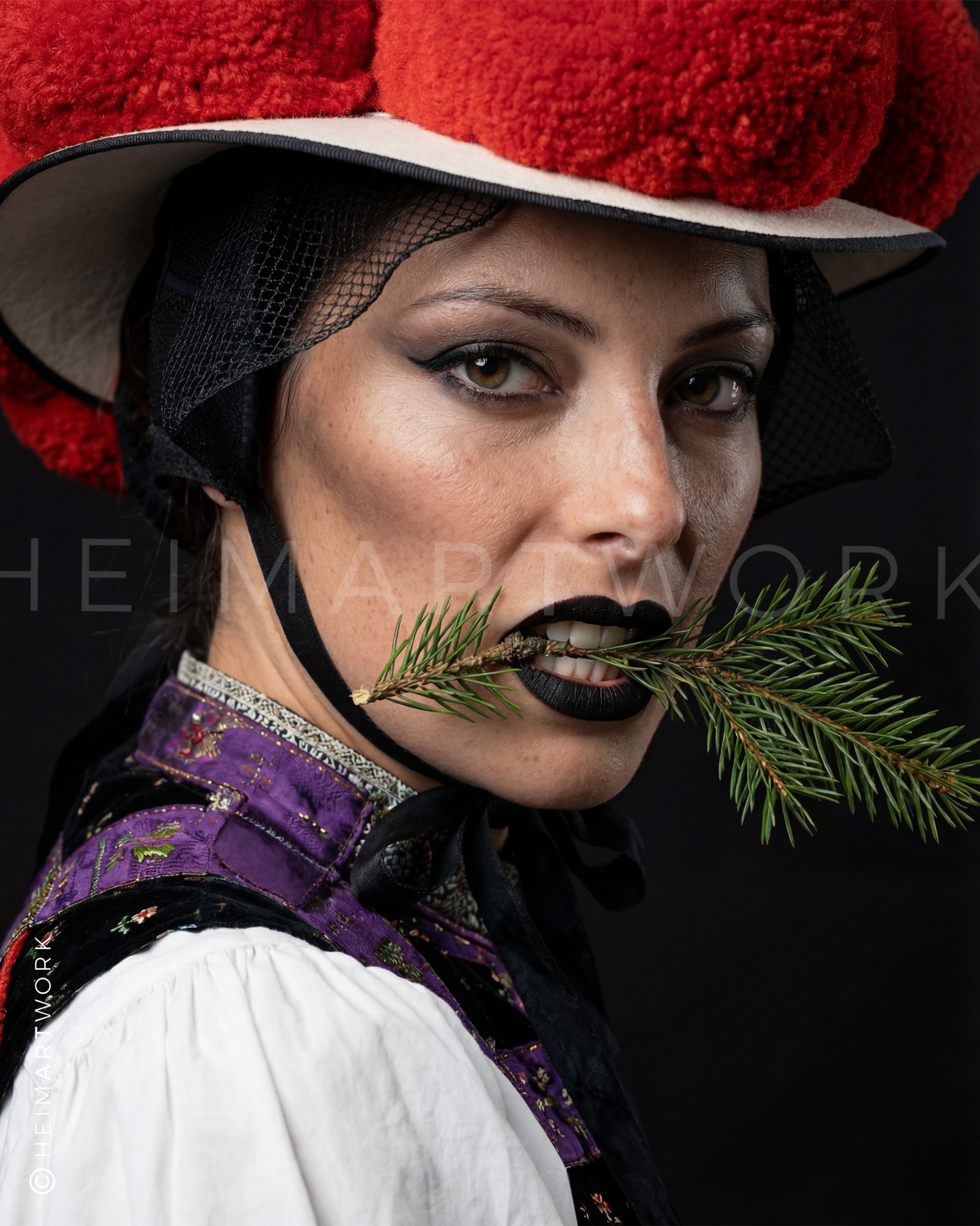 Provokantes Porträt einer Schwarzwälderin mit Bollenhut, schwarzem Lippenstift und einem Tannenzweig im Mund vor dunklem Hintergrund. Diese Schwarzwald Leinwand ist eine rebellische und moderne Interpretation klassischer Heimatmotive.