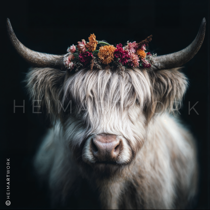 Das Motiv zeigt ein helles, zotteliges Hochlandrind in Frontalansicht, dessen imposante Hörner von einem Kranz aus herbstlich-bunten Trockenblumen geziert werden. Die Kombination aus der rustikalen Erscheinung des Tieres und der zarten Floristik vor tiefschwarzem Hintergrund erzeugt einen modernen Landhaus-Look.