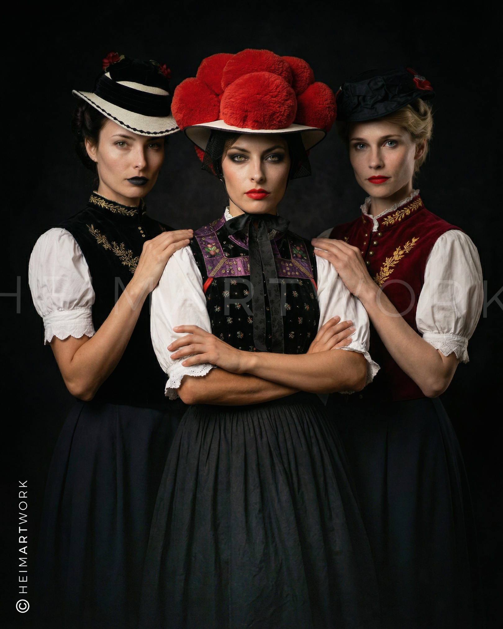 Drei Frauen in traditioneller Schwarzwälder Tracht posieren vor einem dunklen Hintergrund. Diese Schwarzwald Leinwand besticht durch die detailreichen Mieder, die verschiedenen Kopfbedeckungen und die stolze Ausstrahlung der Porträtierten.