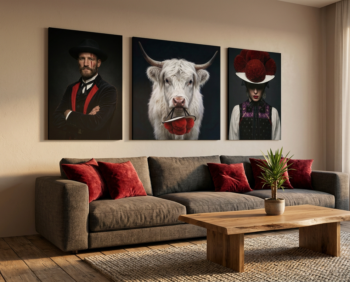 Drei moderne, dunkel hintergründige Schwarzwald Wandbilder über einem Sofa präsentieren neu interpretierte Schwarzwald-Motive mit einem bärtigen Mann in Tracht, einem weißen Hochlandrind mit rotem Bollenhut im Maul und einer Frau mit traditionellem Bollenhut. Die warme Lichtstimmung setzt das dreiteilige Galerie-Set im stilvollen Wohnzimmer harmonisch in Szene.