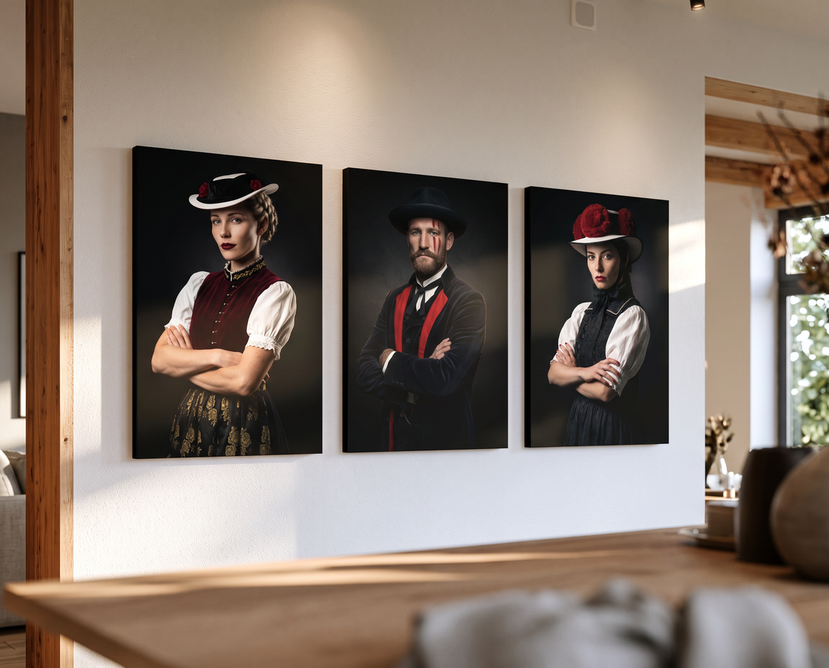 Moderne Schwarzwald Wandbilder als dreiteiliges Leinwandbild-Set, das traditionelle Trachtenporträts in stilvoller Ästhetik für Ihre Heimat zeigt.