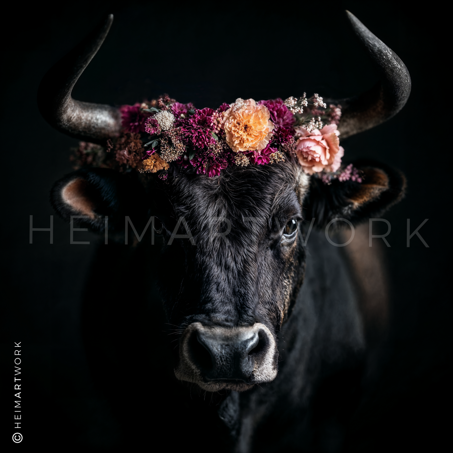 Kunstvolles Schwarzwald Wandbild mit floral geschmücktem Auerochsen als zeitgemäßes Leinwandbild für Dein Wohnzimmer.