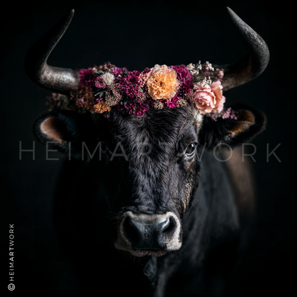 Kunstvolles Schwarzwald Wandbild mit floral geschmücktem Auerochsen als zeitgemäßes Leinwandbild für Dein Wohnzimmer.