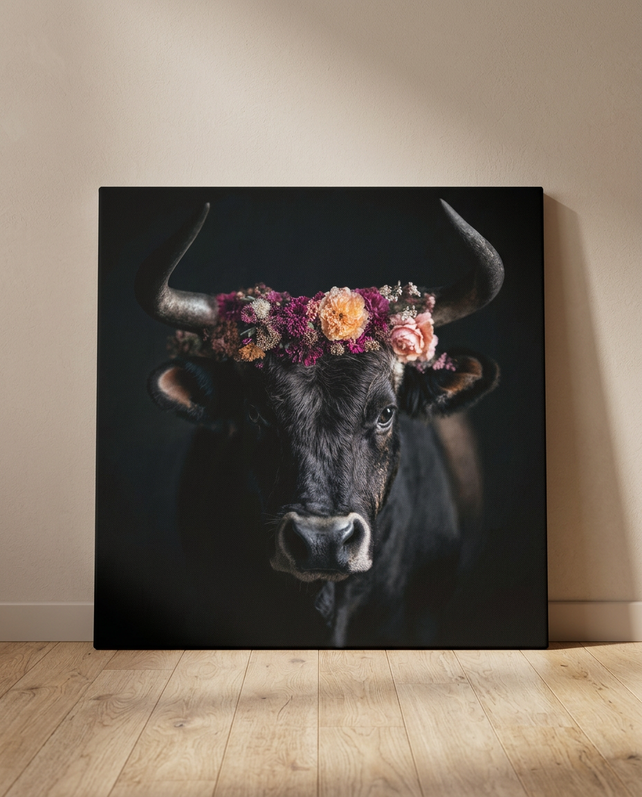 Schwarzwald Leinwandbild mit majestätischem Auerochsen und eleganter Blumenkrone als moderne Wandkunst für ein stilvolles Zuhause.