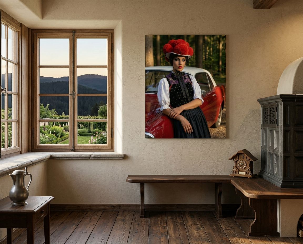 Ein großformatiges, hochkantiges Bollenhutbild auf Leinwand in einer gemütlichen, traditionell-modernen Stube zeigt ein ausdrucksstarkes Porträt einer Frau in Schwarzwald-Tracht mit rotem Bollenhut, die an einem roten Oldtimer im Wald lehnt. Das stimmungsvolle Interieur wird durch ein großes Holzfenster mit Blick auf Schwarzwaldhügel, eine Kuckucksuhr und einen Kachelofen abgerundet.