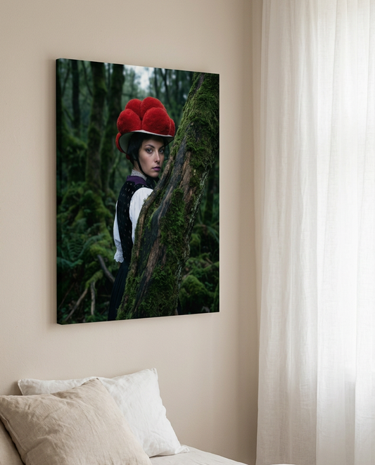 Naturverbundenes Schwarzwald Wandbild auf Leinwand, das eine Trägerin des traditionellen Bollenhuts inmitten eines mystisch grünen Waldes zeigt – moderne Wandkunst für ein harmonisches Zuhause.