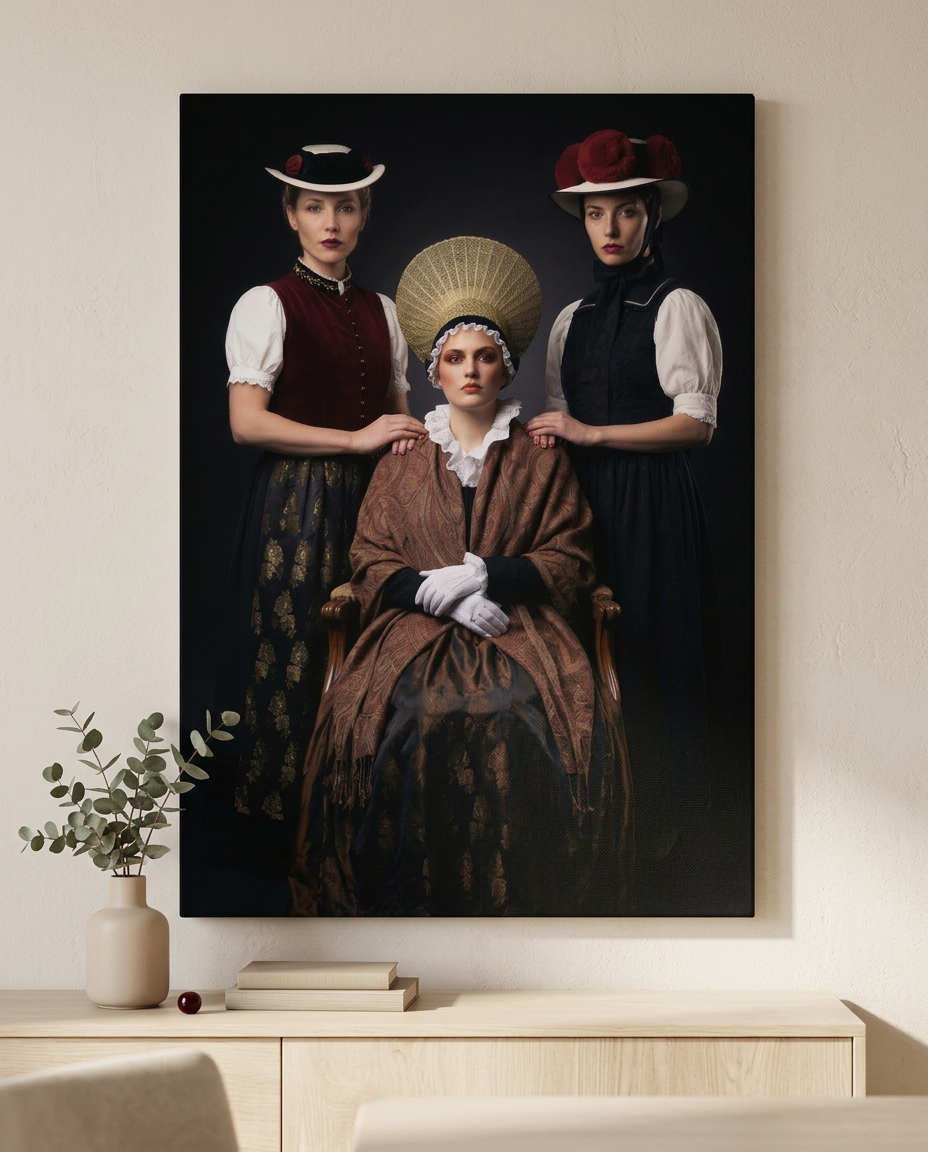 Zeitlose Eleganz der Heimat als modernes Schwarzwald Wandbild: Drei Frauen in traditioneller Schwarzwald-Tracht auf einem hochwertigen Leinwandbild.
