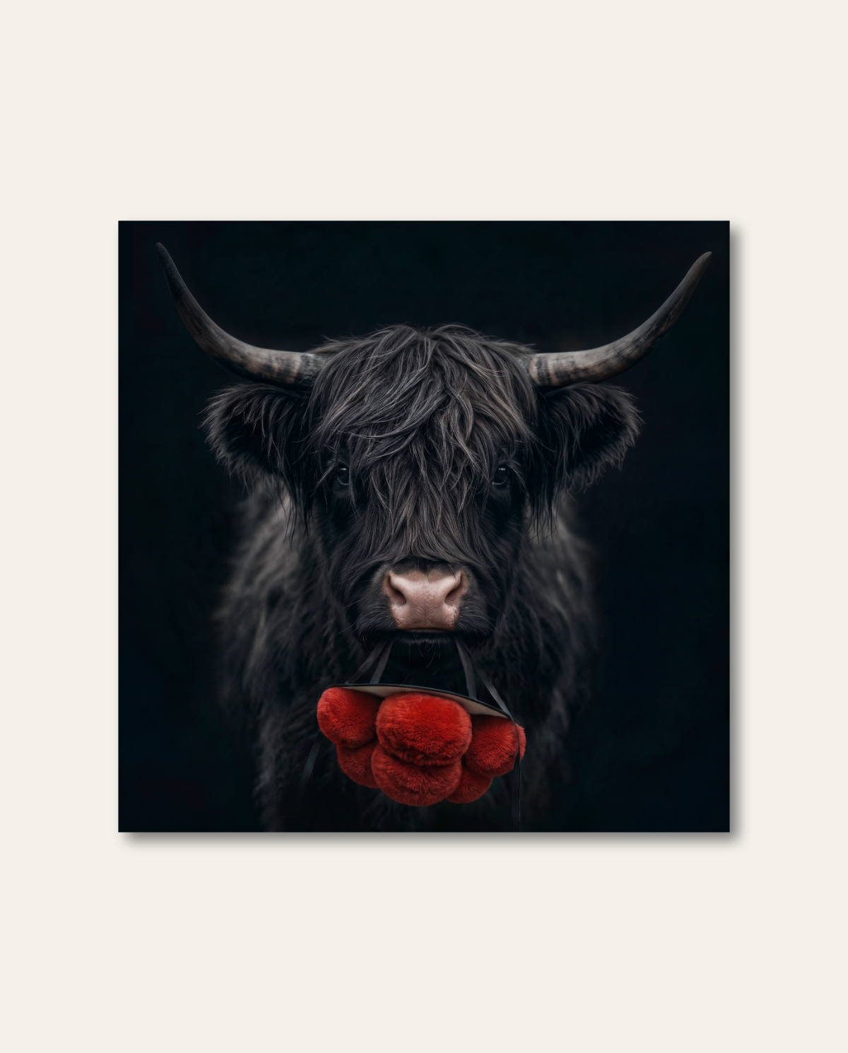 Außergewöhnliches Highland Kuh Bild von HEIMARTWORK mit frecher Bollenhut-Interpretation und starkem Kontrast vor schwarzem Hintergrund. Dunkles, zotteliges schottisches Hochlandrind hält einen Schwarzwälder Bollenhut mit leuchtend roten Bollen im Maul vor tiefschwarzem Studiohintergrund. Der kraftvolle Hell-Dunkel-Kontrast verleiht dem humorvollen Motiv eine edle, moderne Ästhetik.