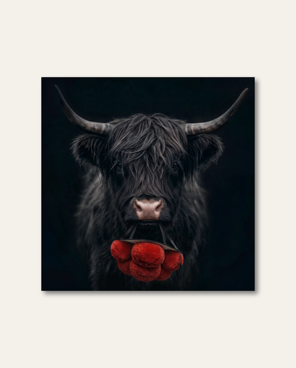 Außergewöhnliches Highland Kuh Bild von HEIMARTWORK mit frecher Bollenhut-Interpretation und starkem Kontrast vor schwarzem Hintergrund. Dunkles, zotteliges schottisches Hochlandrind hält einen Schwarzwälder Bollenhut mit leuchtend roten Bollen im Maul vor tiefschwarzem Studiohintergrund. Der kraftvolle Hell-Dunkel-Kontrast verleiht dem humorvollen Motiv eine edle, moderne Ästhetik.