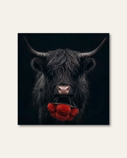 Außergewöhnliches Highland Kuh Bild von HEIMARTWORK mit frecher Bollenhut-Interpretation und starkem Kontrast vor schwarzem Hintergrund. Dunkles, zotteliges schottisches Hochlandrind hält einen Schwarzwälder Bollenhut mit leuchtend roten Bollen im Maul vor tiefschwarzem Studiohintergrund. Der kraftvolle Hell-Dunkel-Kontrast verleiht dem humorvollen Motiv eine edle, moderne Ästhetik.