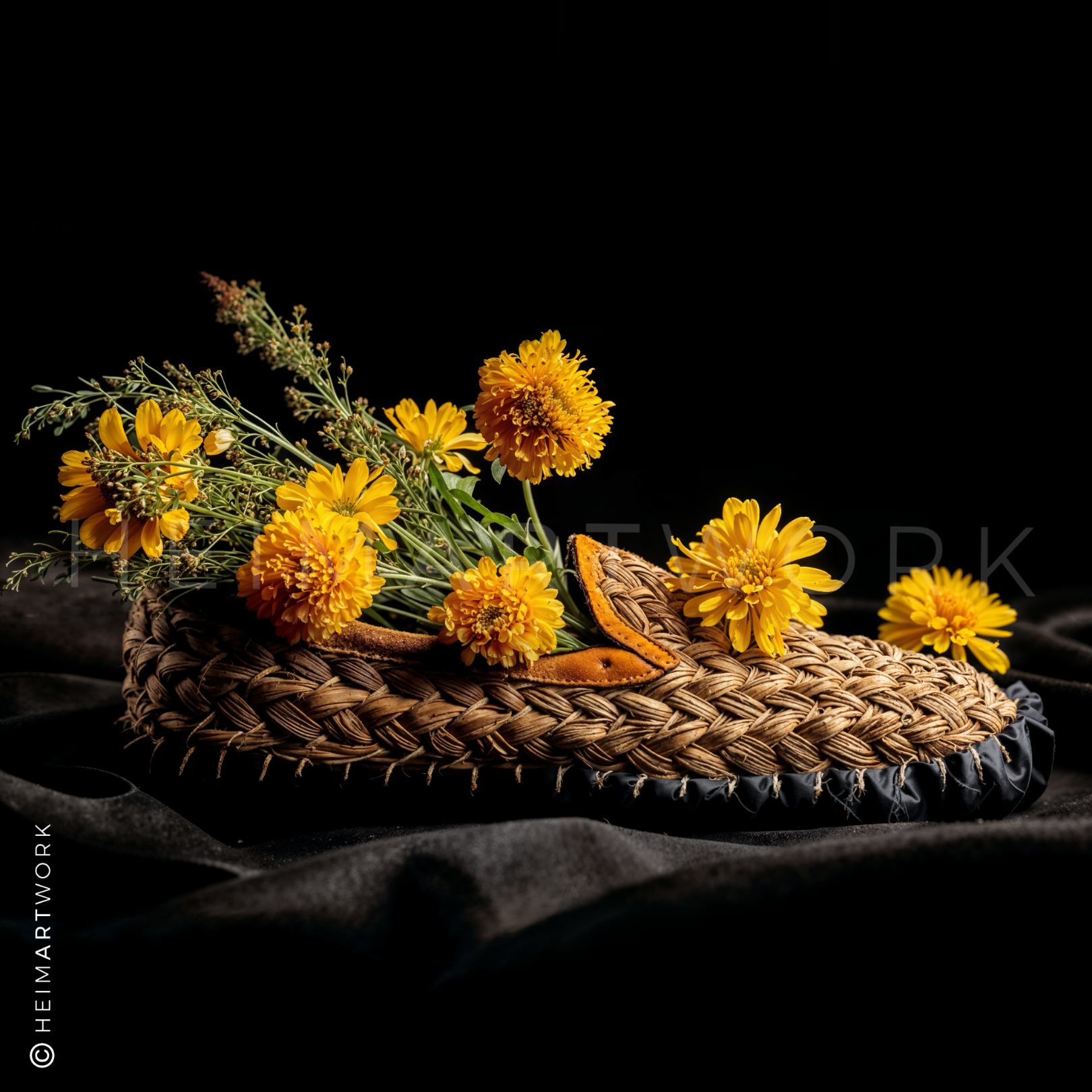 Gelbe Bergblumen in einem traditionellen geflochtenen Strohschuh vor schwarzem Hintergrund auf quadratischer Leinwand.