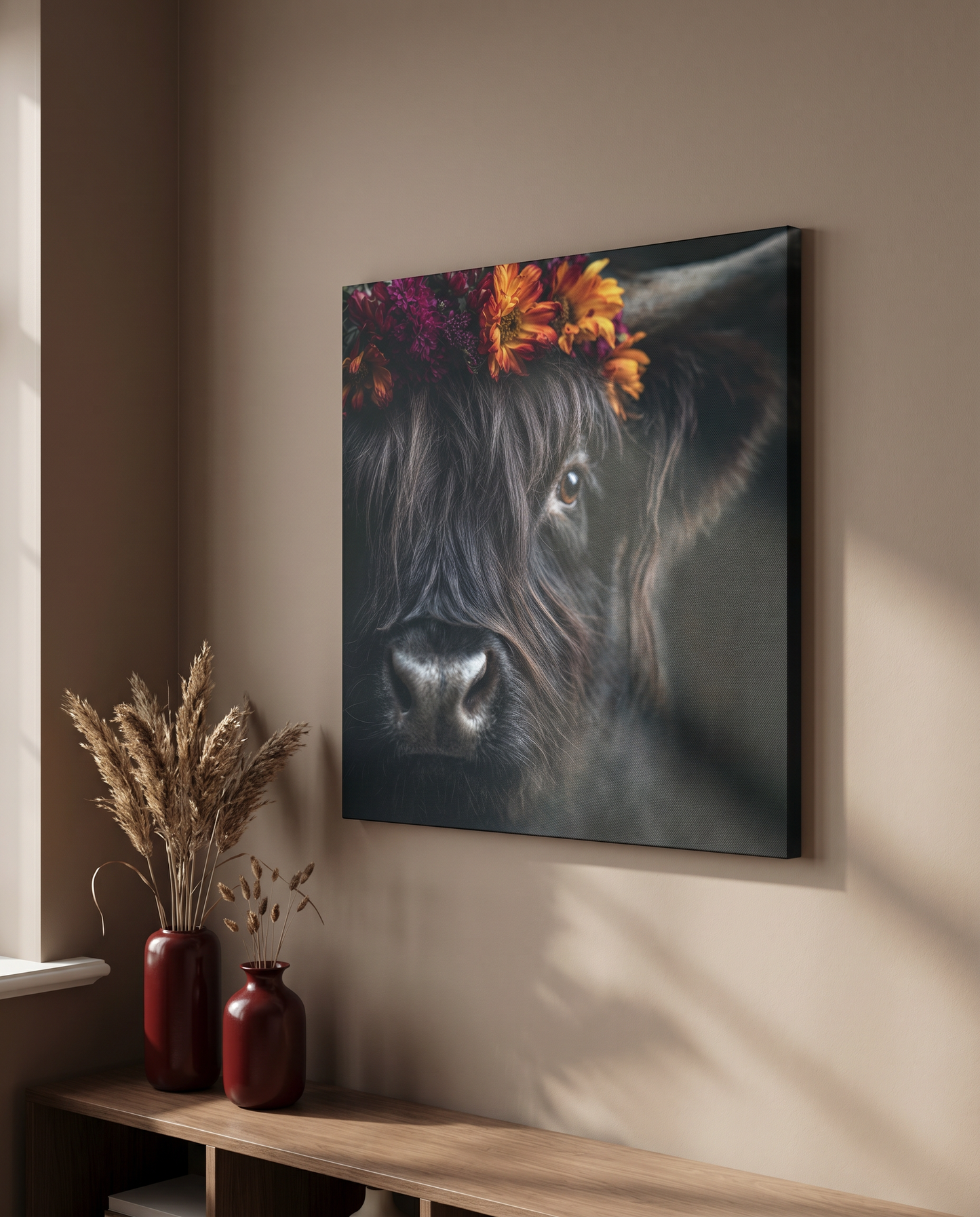 Ein ausdrucksstarkes Leinwandbild eines dunklen Rinds mit Herbstblumen, das als hochwertige Wandkunst Schwarzwald-Flair und rustikale Eleganz in jeden Raum bringt.