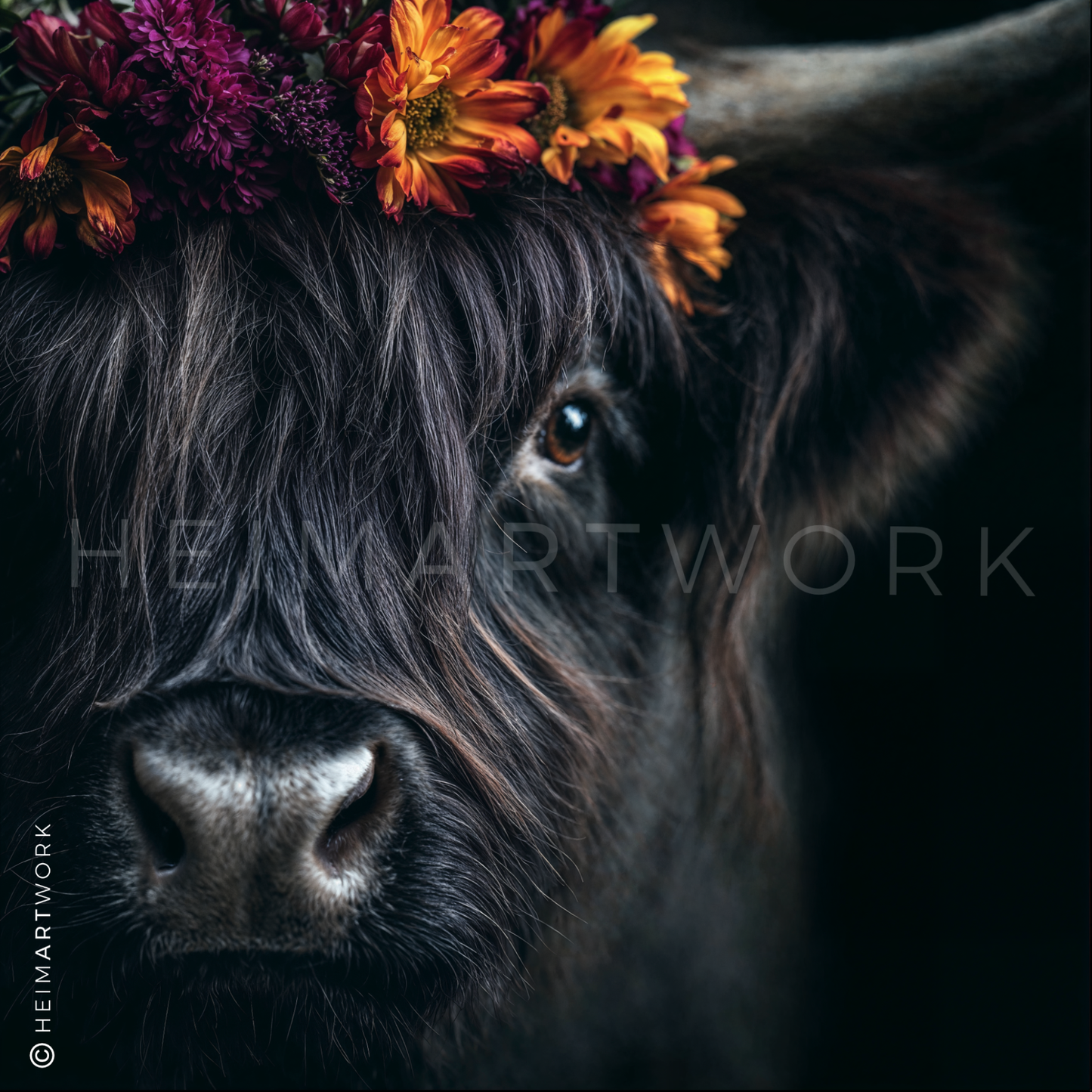Nahaufnahme eines schwarzen schottischen Hochlandrinds mit langem, zotteligem Fell, das einen prachtvollen Kranz aus herbstlichen Blumen in Orange- und Lilatönen auf dem Kopf trägt. Das ausdrucksstarke Tier blickt sanft in die Kamera, während das Motiv als Leinwanddruck in einem modernen Wohnambiente präsentiert wird.