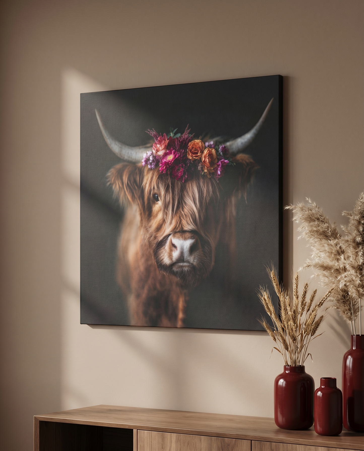 Bringen Sie mit diesem charmanten Kuh Wandbild ein Stück Natur und Heimat in Form eines kunstvollen Tierporträts an Ihre Wand.