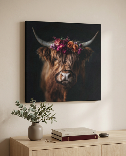 Dieses moderne Wandbild zeigt ein Hochlandrind mit Blumenkrone auf Leinwand und ist ein stilvolles Dekoelement für jede Wohnung.