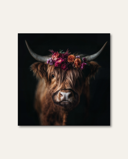Stilvolles Highland Kuh Bild mit ausdrucksstarkem Blumenkranz-Motiv und edlem Kontrast vor tiefschwarzem Studiohintergrund. Porträt eines rotbraunen schottischen Hochlandrinds mit einem farbenfrohen Blumenkranz aus dunkelpinken und orangenen Blüten vor tiefschwarzem Studiohintergrund. Die warme Ausleuchtung bringt die zottelige Fellstruktur und das ausdrucksstarke Tierporträt voll zur Geltung.