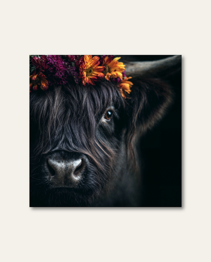 Intime Nahaufnahme eines dunklen schottischen Hochlandrinds mit langem Stirnfell und einem Blumenkranz aus orangefarbenen und purpurroten Blüten vor schwarzem Hintergrund. Der fokussierte Blick aus einem Auge und die feinen Details der Schnauze verleihen dem Motiv eine nahbare, edle Ästhetik.