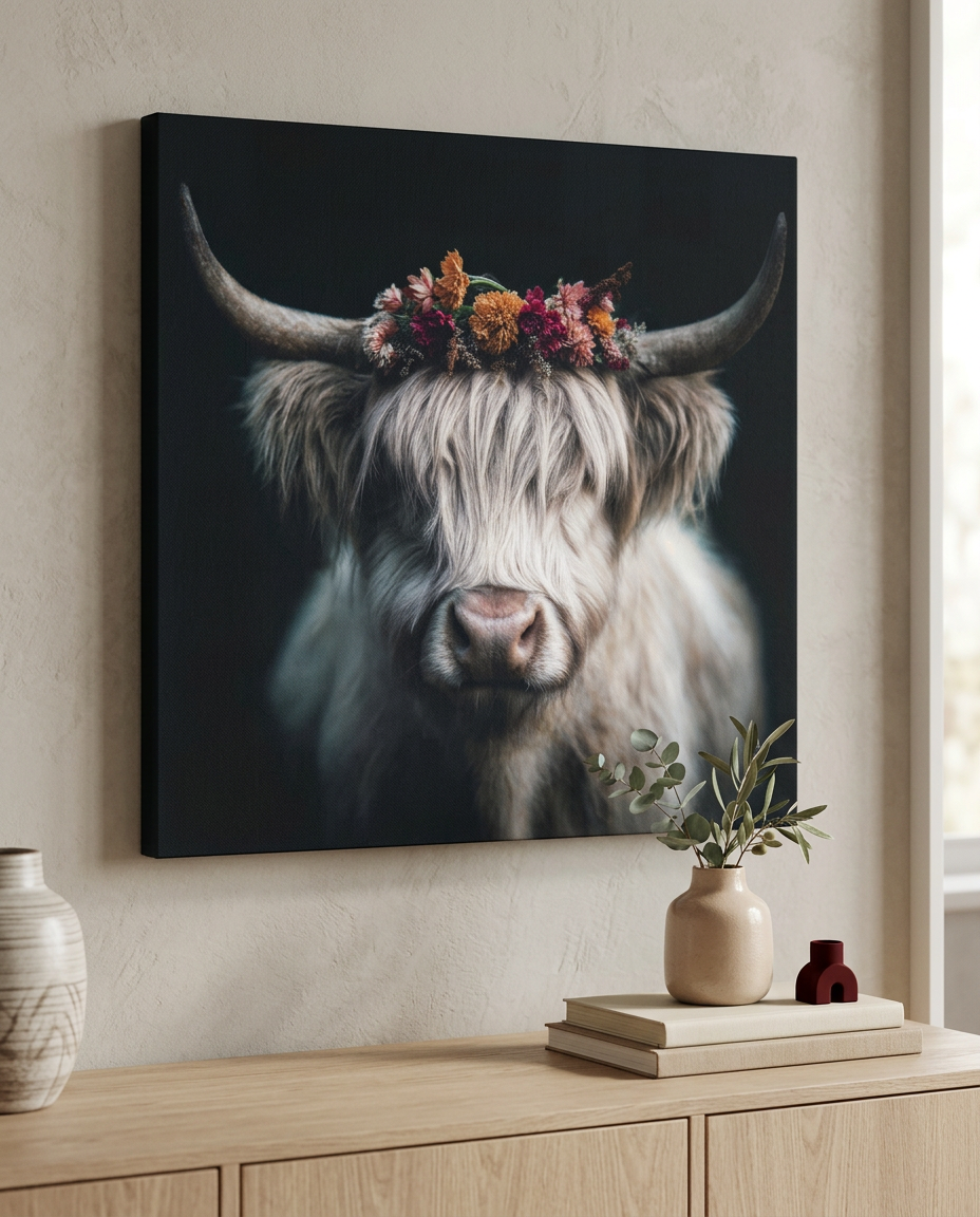 Dieses moderne Kuh Wandbild interpretiert die Liebe zur Natur neu und zeigt ein Highland-Rind mit floralem Akzent als stilvolles Leinwandbild für Ihr Zuhause.