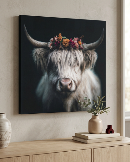 Dieses moderne Kuh Wandbild interpretiert die Liebe zur Natur neu und zeigt ein Highland-Rind mit floralem Akzent als stilvolles Leinwandbild für Ihr Zuhause.
