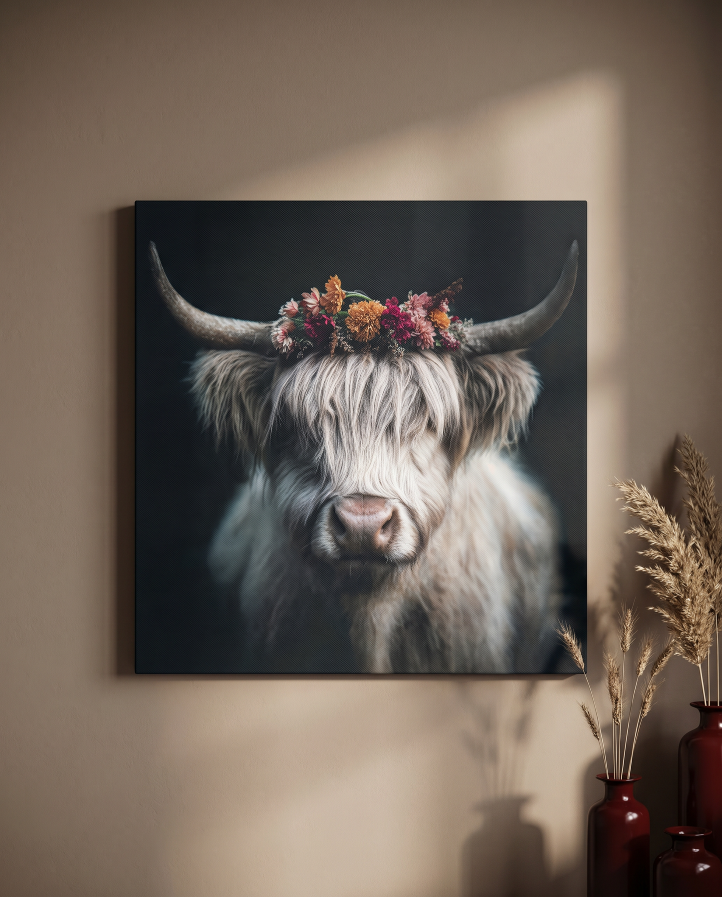 Setzen Sie auf moderne Wandkunst mit diesem Schwarzwaldbild, das durch den Kontrast zwischen rustikalem Tierporträt und feinen Blüten eine warme Heimat-Atmosphäre schafft.