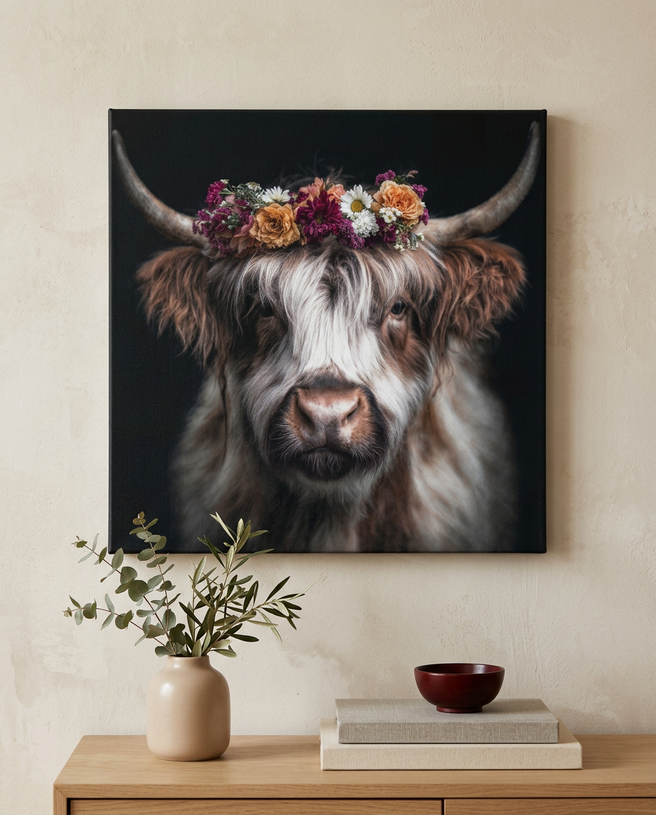 Als moderne Wandkunst verbindet dieses Kuh Wandbild rustikale Naturmotive mit floraler Eleganz auf einem hochwertigen Leinwandbild.