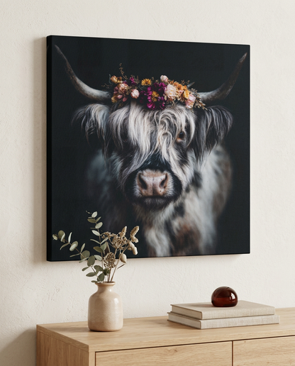 Dieses moderne Schwarzwald Wandbild interpretiert Naturverbundenheit neu und zeigt ein Highland-Rind mit floralem Kopfschmuck als hochwertiges Leinwandbild.