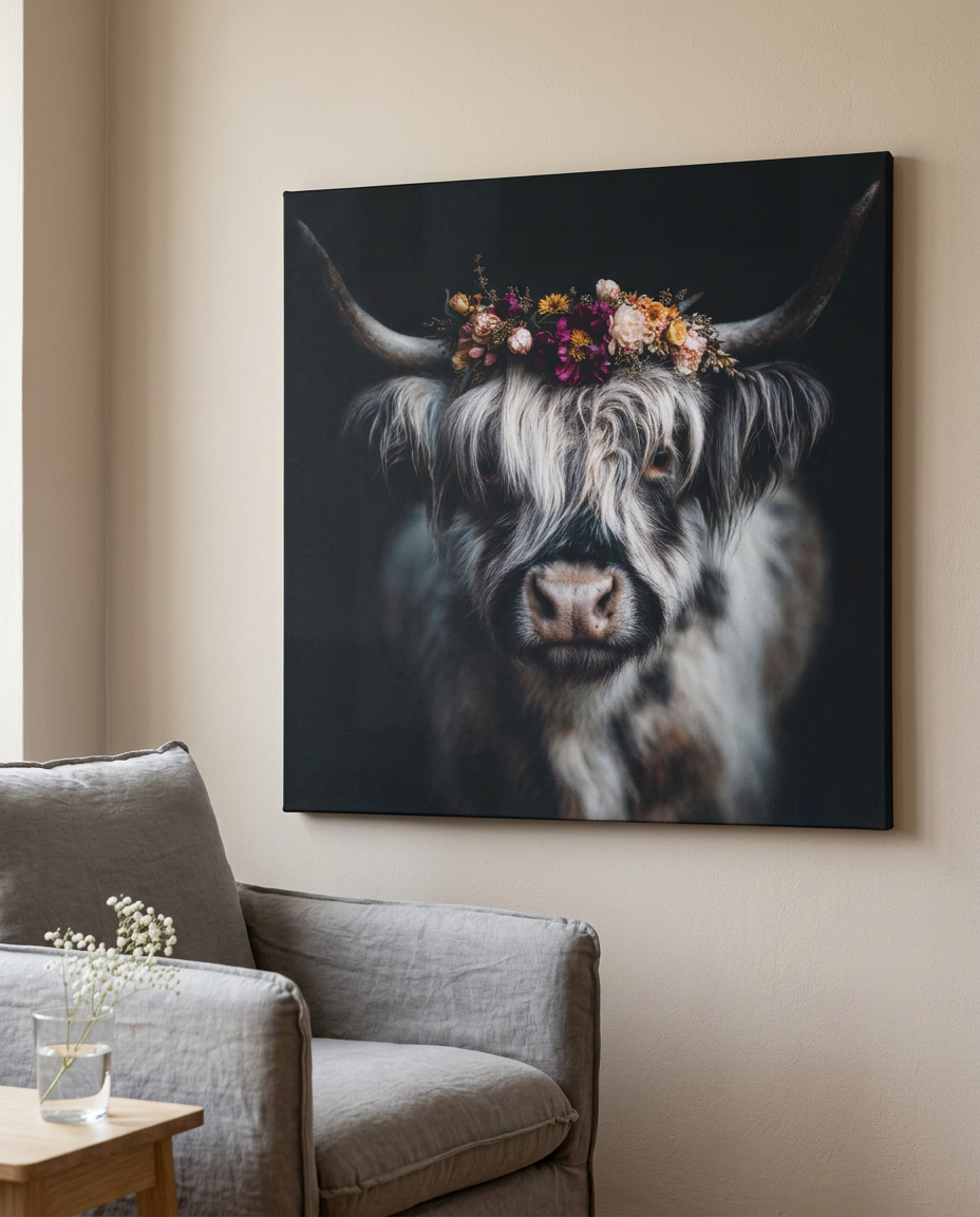 Als exklusive Schwarzwald Wandkunst kombiniert dieses Porträt eines Rindes mit Blumenkranz moderne Ästhetik und Heimatgefühl auf einer edlen Leinwand.