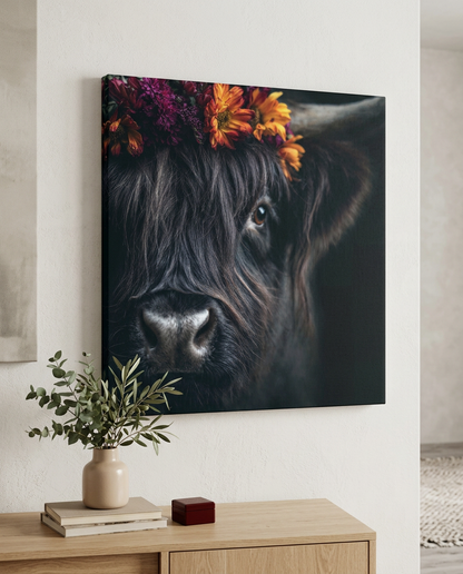 Dieses moderne Kuh Wandbild eines majestätischen Hochlandrinds mit floralem Kopfschmuck vereint Naturverbundenheit mit zeitgemäßem Design für Ihr Zuhause.