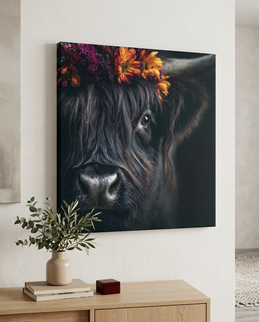 Dieses moderne Kuh Wandbild eines majestätischen Hochlandrinds mit floralem Kopfschmuck vereint Naturverbundenheit mit zeitgemäßem Design für Ihr Zuhause.