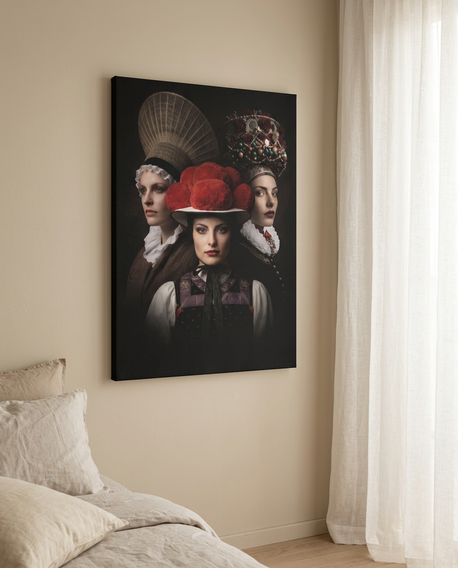 Hängende Leinwand mit einem dunklen Gruppenporträt dreier Frauen in Schwarzwälder Tracht, vorne der rote Bollenhut, dahinter Radhaube und Brautkrone. Schwarzwald Leinwand 