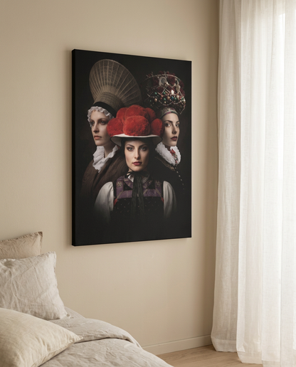 Hängende Leinwand mit einem dunklen Gruppenporträt dreier Frauen in Schwarzwälder Tracht, vorne der rote Bollenhut, dahinter Radhaube und Brautkrone. Schwarzwald Leinwand 