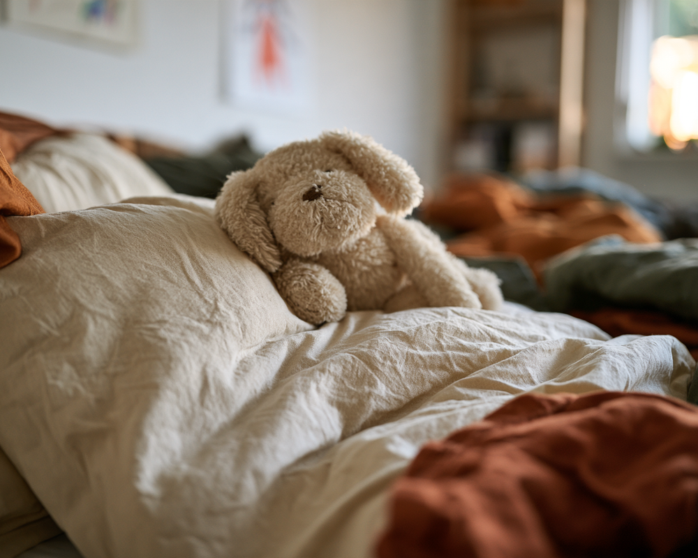 Ein Kuscheltier auf einem Bett, das die Zusammenarbeit unserer März Spendenaktion visualisiert.