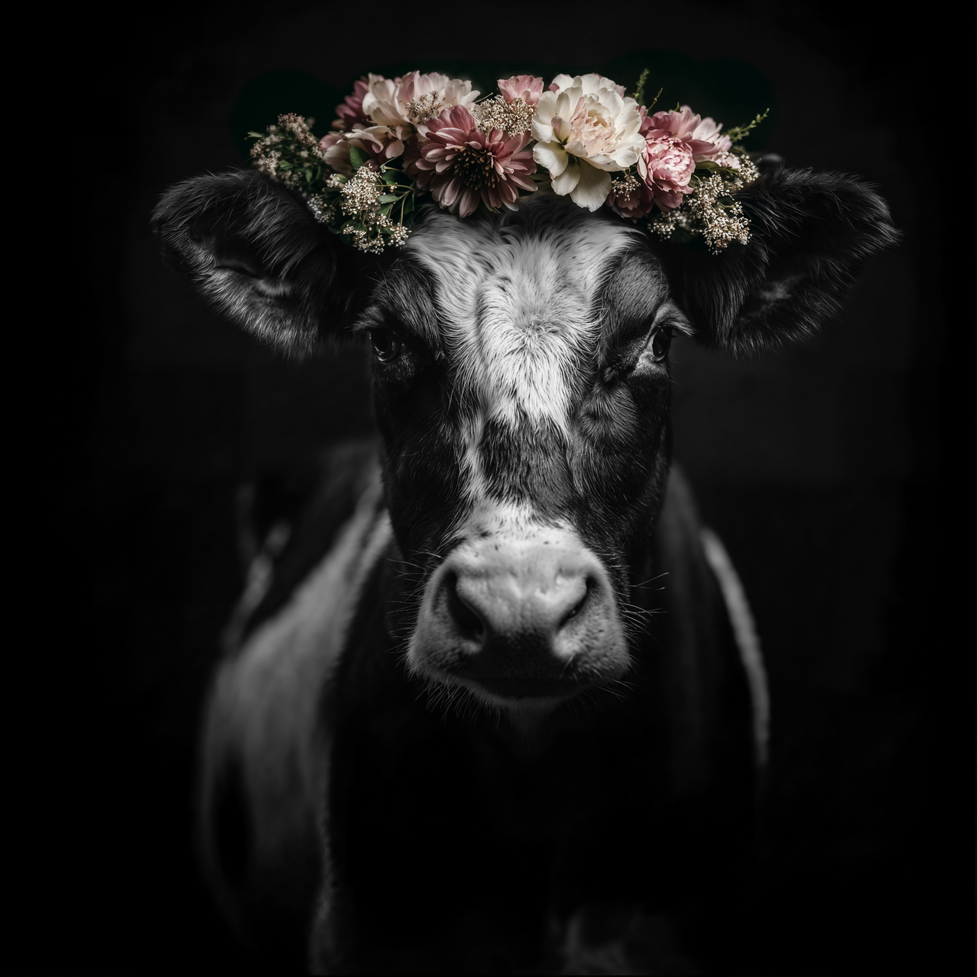 Schwarz-weißes Porträt einer Kuh mit einem bunten Kranz aus rosa und weißen Blumen auf dem Kopf vor dunklem Hintergrund.