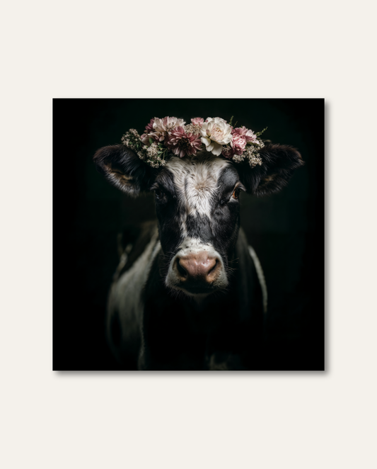 Porträt einer schwarz-weiß gefleckten Kuh mit einem edlen Blumenkranz aus altrosa-, creme- und weißfarbenen Blüten vor tiefschwarzem Studiohintergrund. Die punktgenaue Ausleuchtung hebt den sanften Blick des Tieres und die feinen Details der Blütenkrone elegant hervor. Hochwertige Kuh Leinwand – kunstvolles Tierporträt mit zarten Rosatönen, feinsten Details und moderner Heimat-Ästhetik.