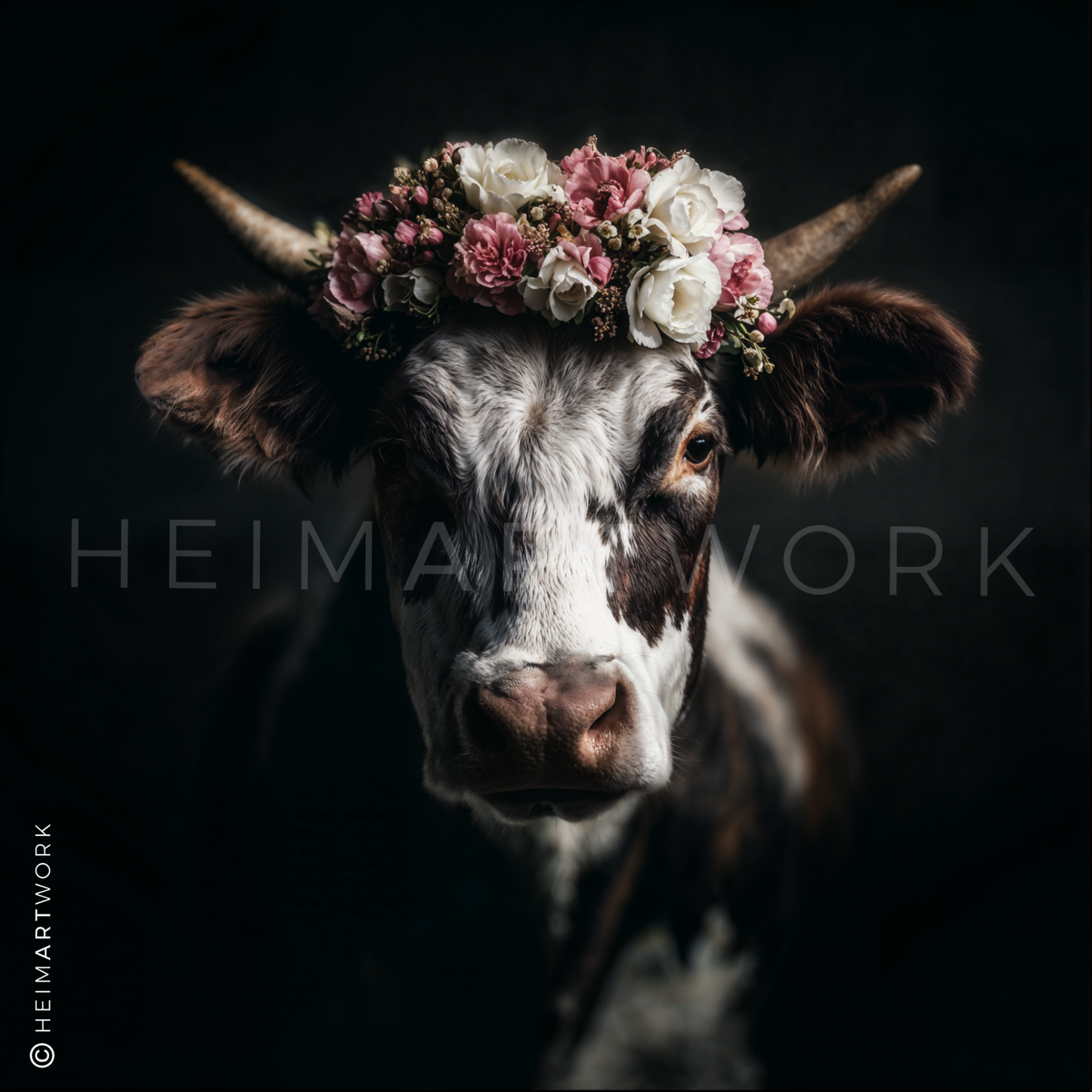 Ein Porträt einer schwarz-weiß gefleckten Kuh mit sanftem Blick, die einen filigranen Kranz aus rosa und weißen Rosen zwischen ihren Hörnern trägt. Das Motiv besticht durch einen dunklen, stimmungsvollen Hintergrund und wirkt als Leinwandbild in der gezeigten Wohnraumszene besonders edel und heimatverbunden.