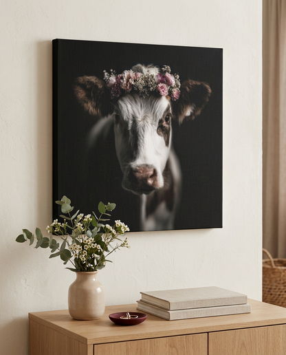 Als ausdrucksstarke moderne Wandkunst verbindet dieses quadratische Leinwandbild ländlichen Charme mit tiefen Kontrasten für ein minimalistisches Design-Statement in Ihrem Zuhause. Wunderschöne Kuh mit Blumenkranz auf dem Kopf.