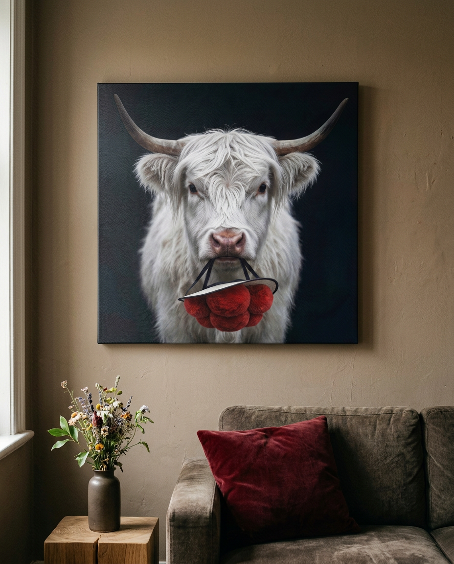 Als hochwertige moderne Wandkunst inszeniert dieses quadratische Leinwandbild eine Kuh mit Bollenhut vor einem tiefschwarzen Hintergrund für ein traditionelles Design.