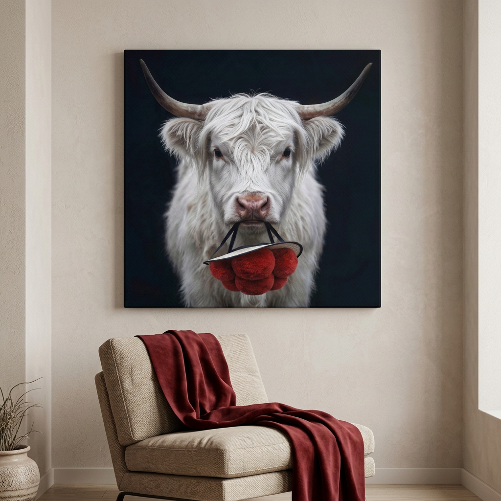 Tradition neu interpretiert für Ihre moderne Wandkunst: Dieses exklusive Schwarzwald Wandbild zeigt ein weißes Highland-Rind mit einem roten Schwarzwälder Bollenhut im Maul und bringt stilvolle Heimat in Ihr Wohnzimmer.