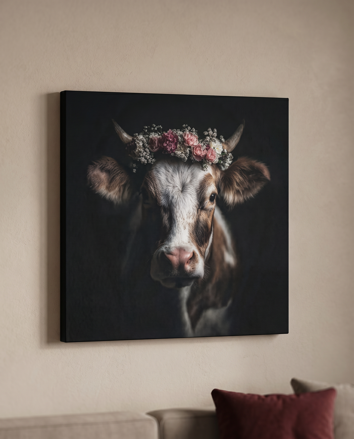 Dieses stilvolle Schwarzwald Wandbild kombiniert den rustikalen Charme einer heimischen Kuh mit eleganter Floristik und wirkt als Leinwandbild besonders edel.