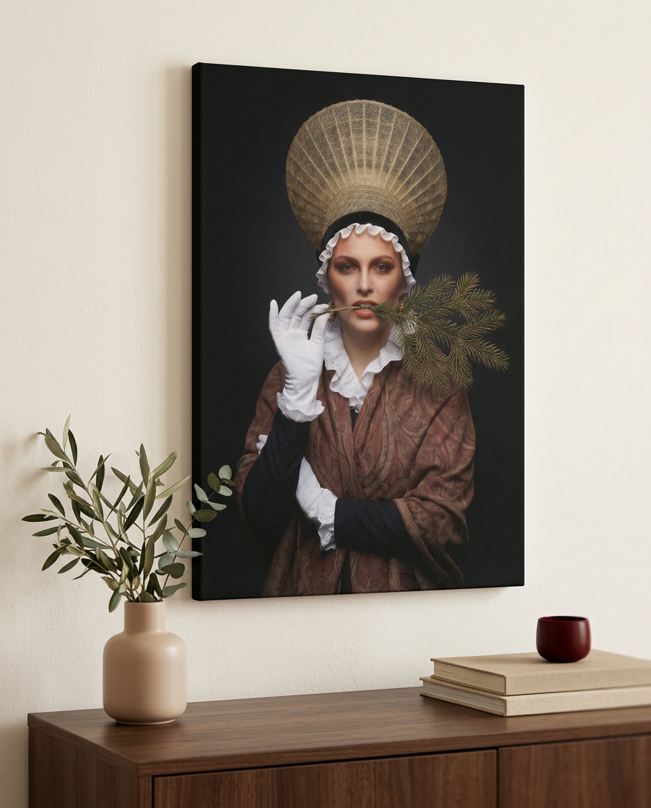 Zeitloses Schwarzwald Bild auf Leinwand: Eine junge Frau in traditioneller Tracht mit goldener Radhaube, weißem Kragen und Tannenzweig, perfekt als Heimat Wandbild Schwarzwald für moderne Wohnräume.